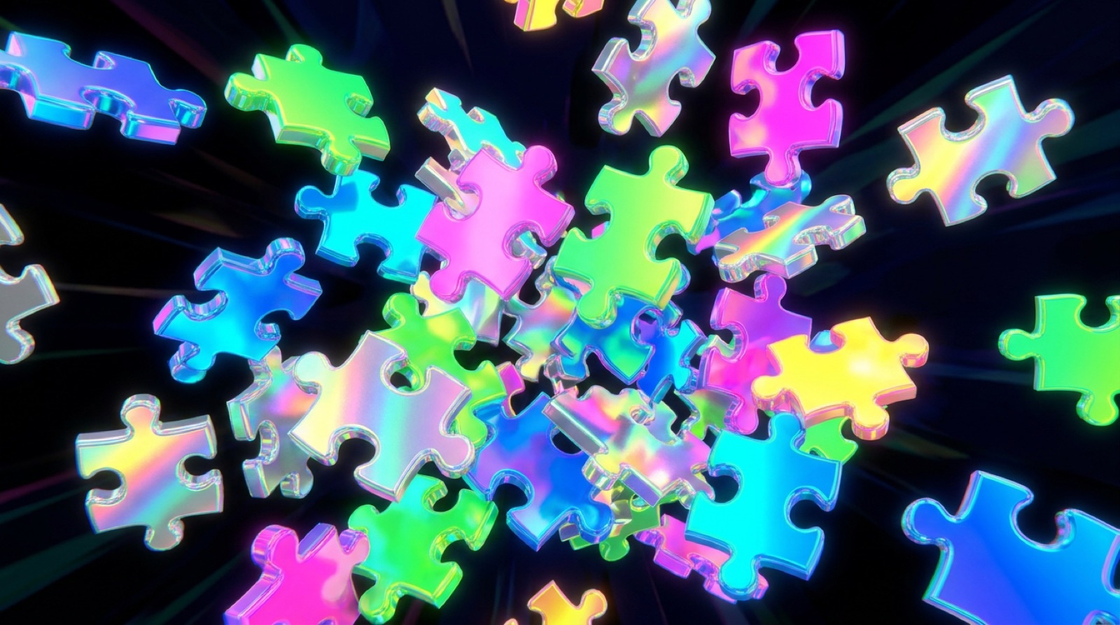 An explosion of glossy neon 3D puzzle pieces on a dark background